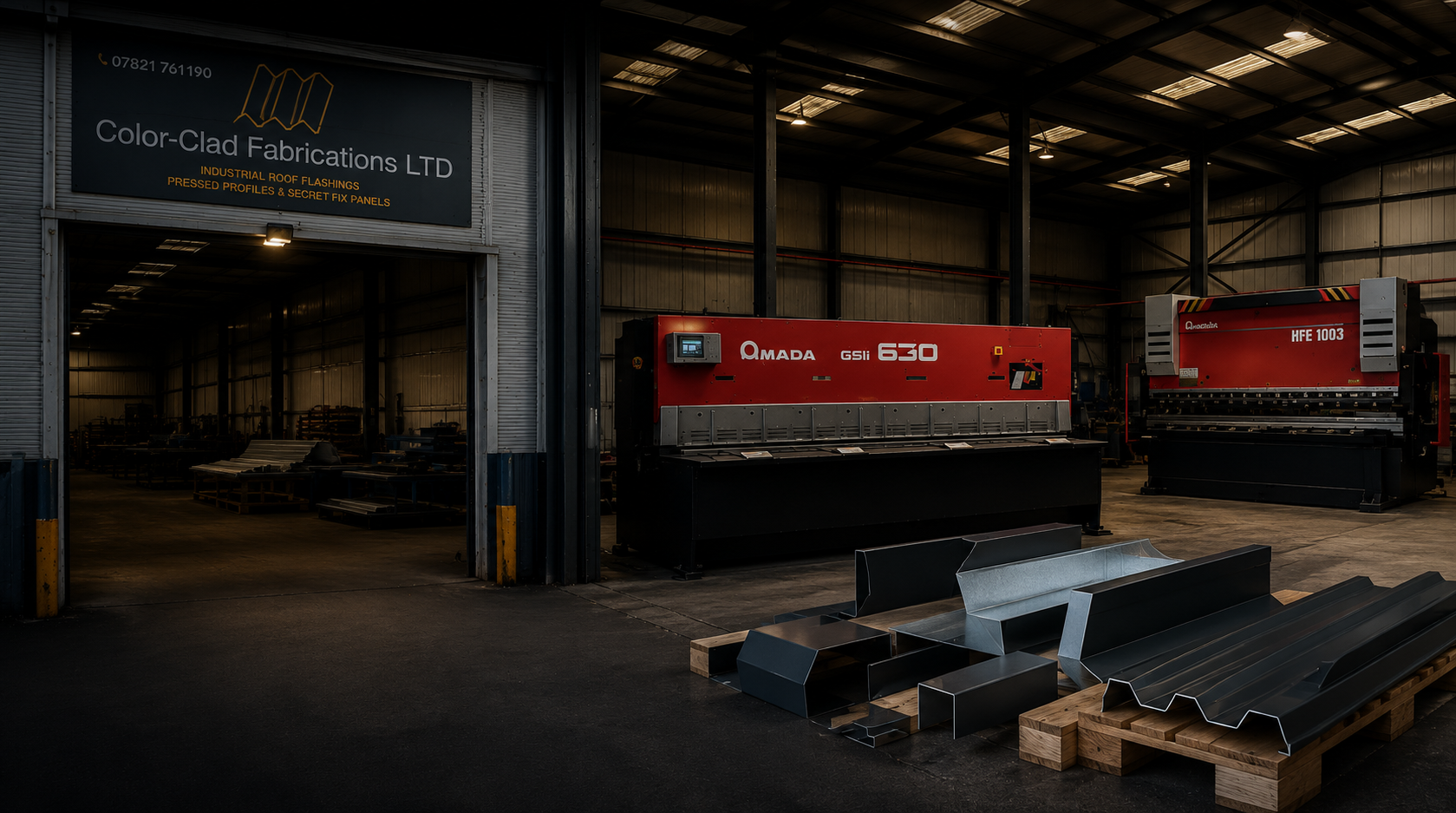 Color-Clad Fabrications workshop — Amada guillotine and fabricated metal profiles